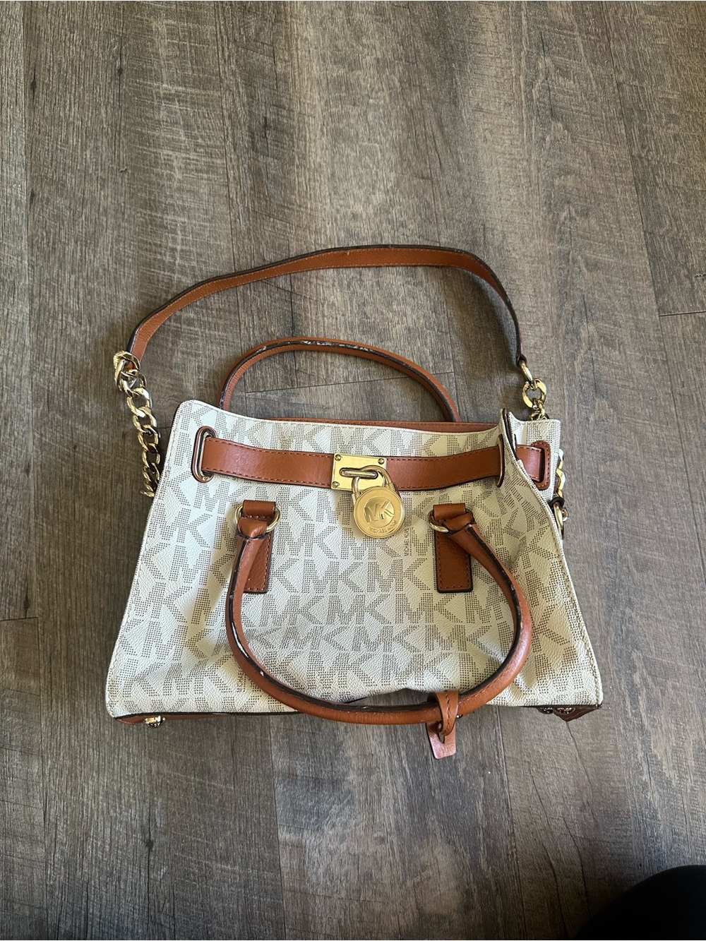 Michael Kors Cream Logo Satchel with Brown Trim